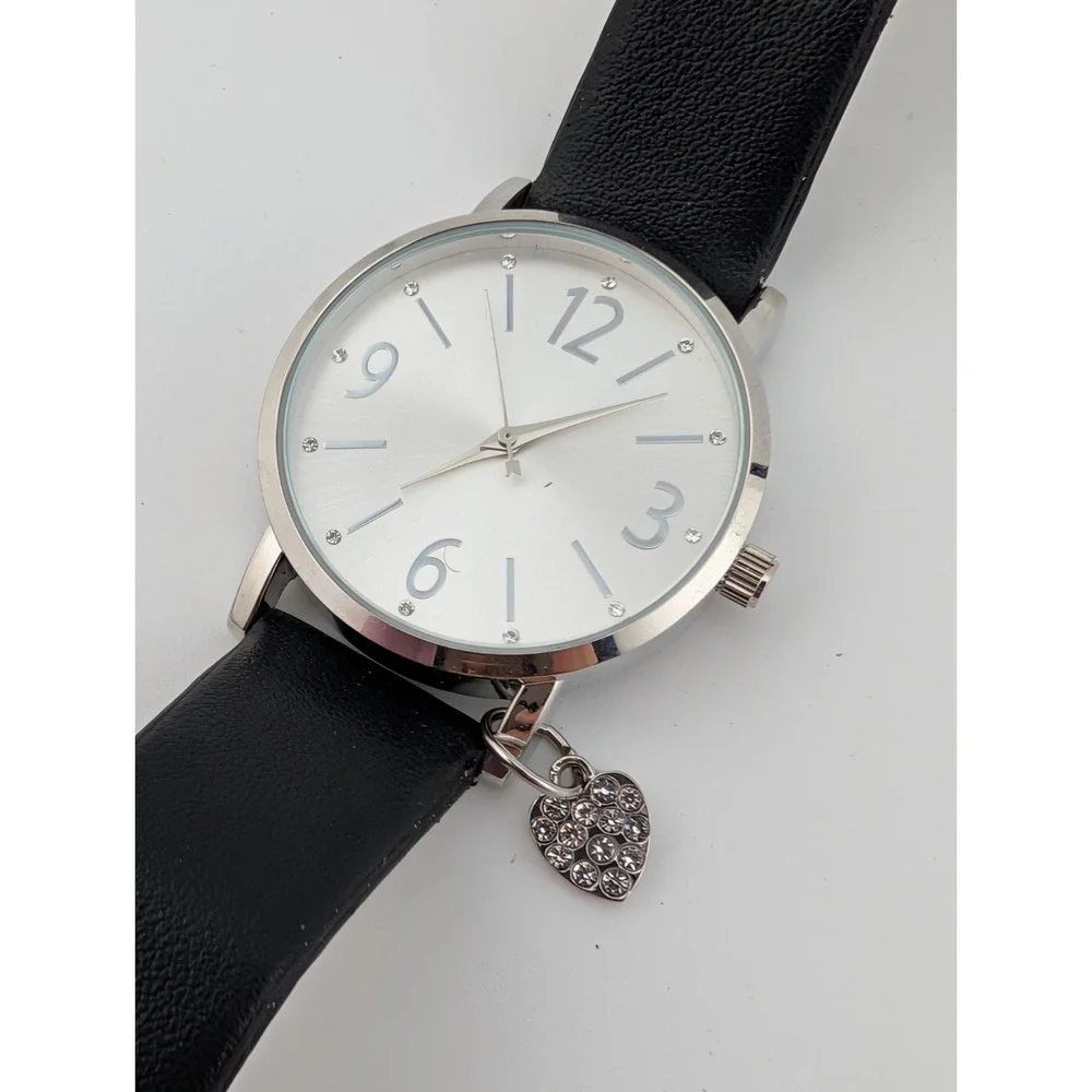 Accutime Watch Women 34mm Silver Case‎ Heart Charm Black Band- New Battery